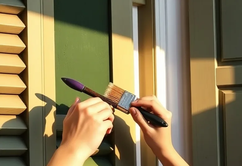 Mise en peinture au pinceau de volets et d'encadrements en bois
