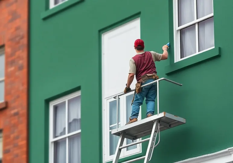 Peintre sur échafaudage traitant la façade d'une maison